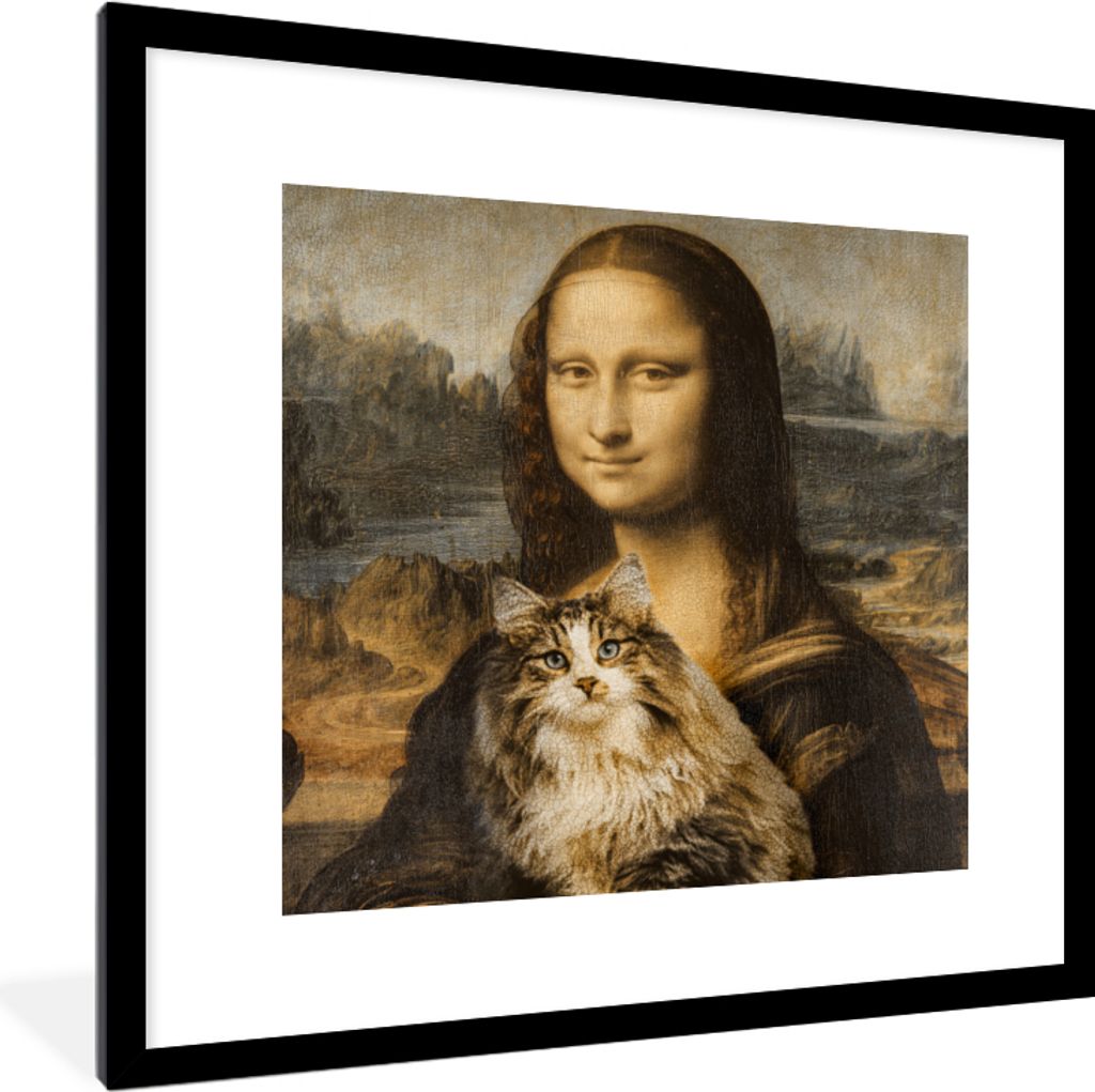 MuchoWow Gerahmtes Poster Mona Lisa - Katze - Leonardo da Vinci - Vintage - Kunstwerk - Alte Meister - Gemälde 40x40 cm - Poster mit Schwarzem B...