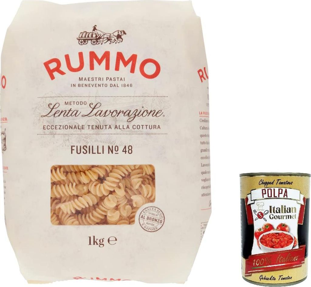 8x Rummo Fusilli N. 48 Hartweizengrieß Pasta Italienische Nudeln 1kg Packung + Italian Gourmet Polpa di Pomodoro 400g Dose