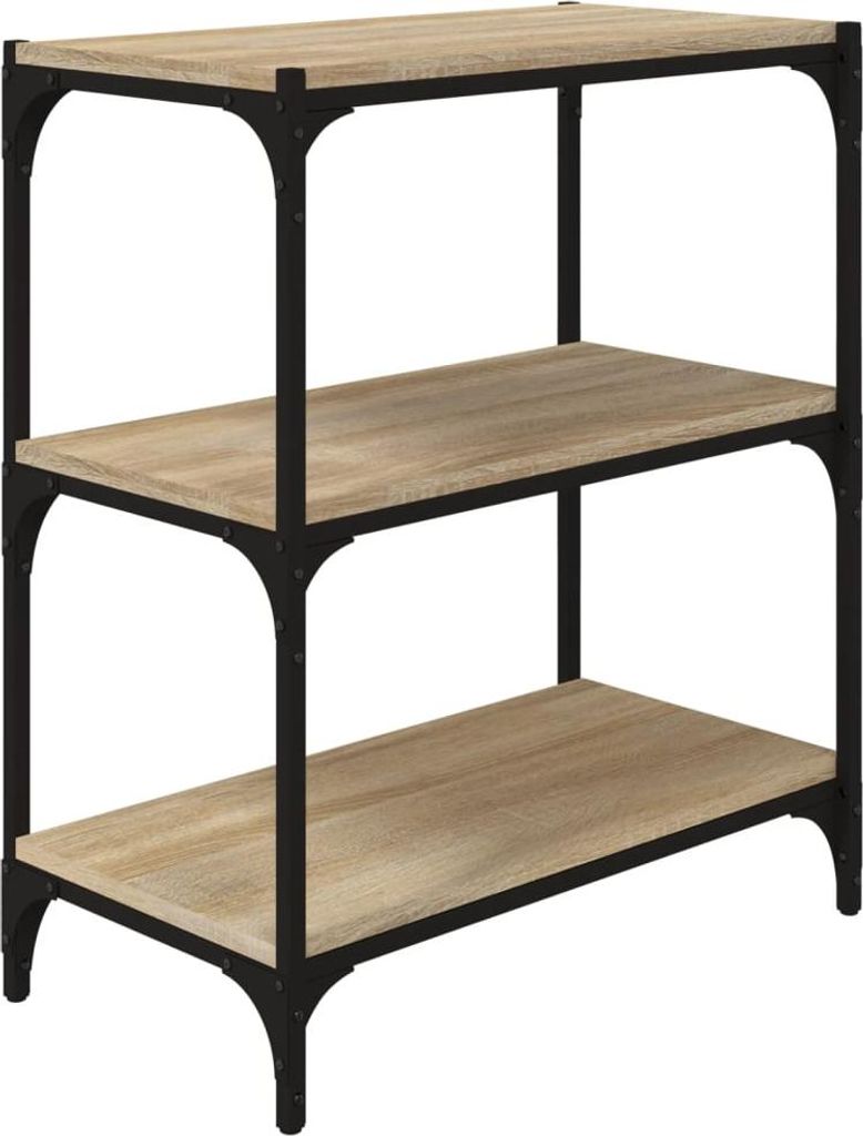 A three-tier shelf unit with a wood-like finish and black metal frame, shown against a white background.