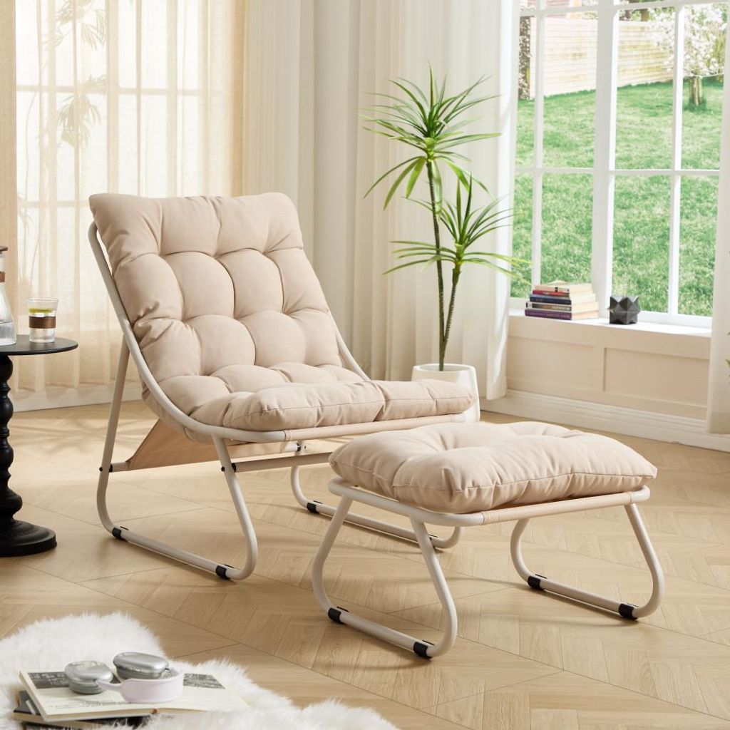 Outdoor Lounge Sessel mit Hocker, gepolstert, Stahlgestell, Produktbild 