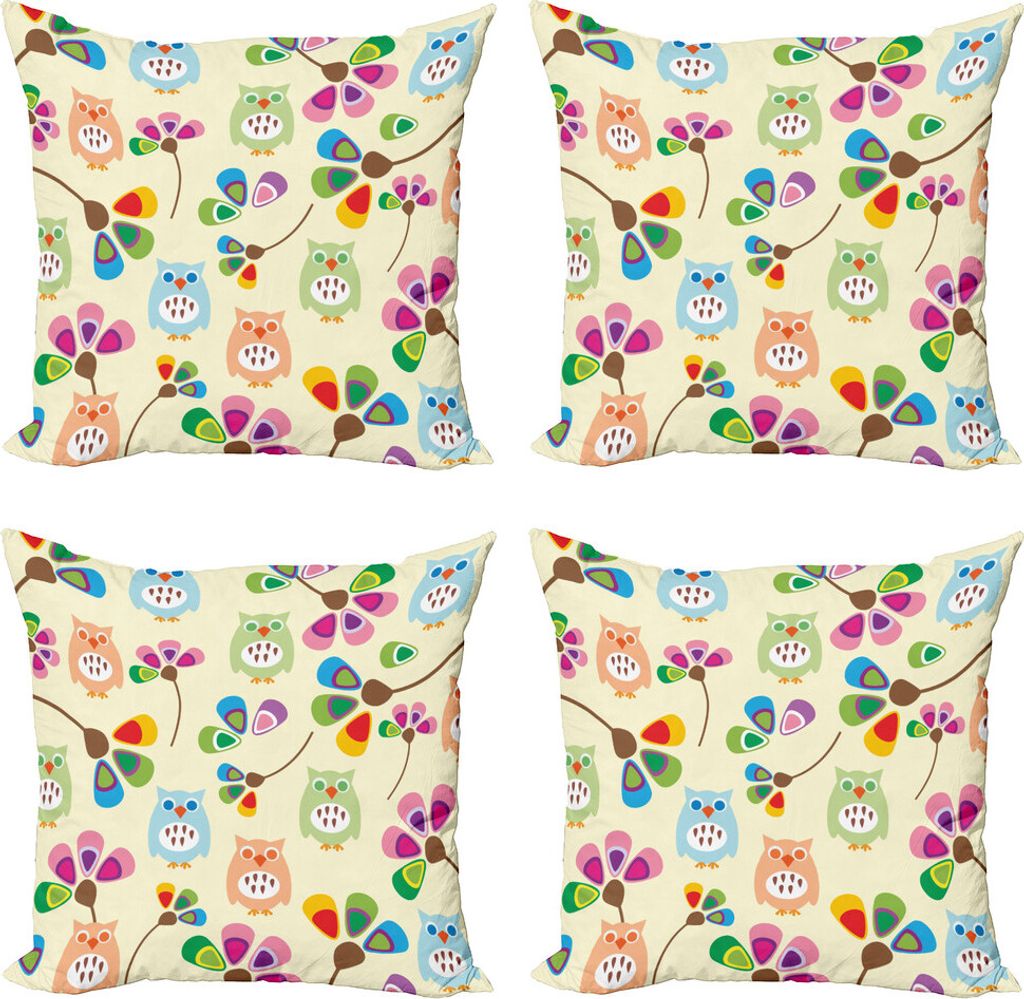 ABAKUHAUS Karikatur Kissenbezug Set (4 Stück), Eulen Blumen Kinderzimmer, Moderner Doppelseitiger Digitaldruck, 50 cm x 50 cm, Mehrfarbig