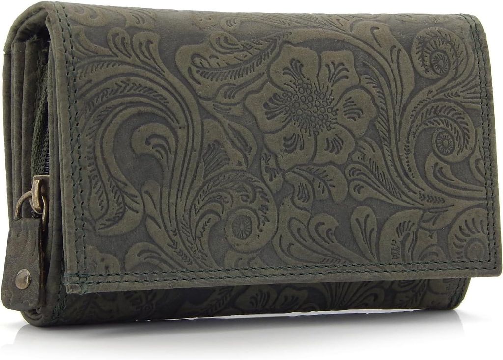 Damen Leder-Geldbörse mit Blumenmotiv und RFID-Schutz, Langformat Portemonnaie mit Druckknopf, viele Karten & Bargeldfächer, hochwertige Verarbei...