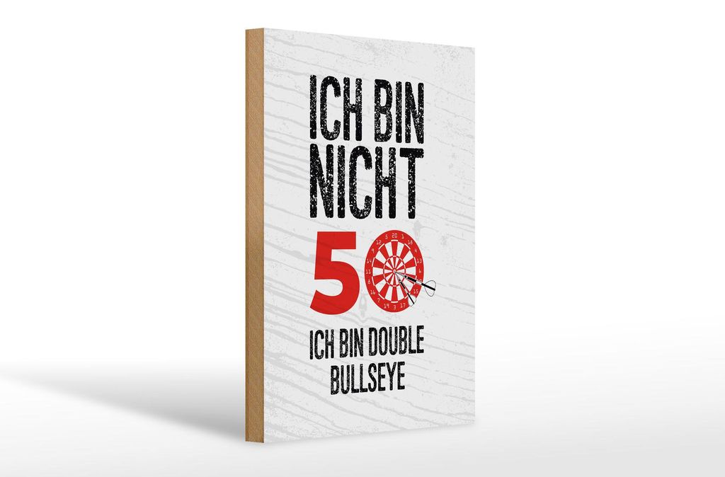 Holzschild Dart bin nicht 50, Double Bullseye, 30x20 cm, Holzschilder Spruch Sport Hobby