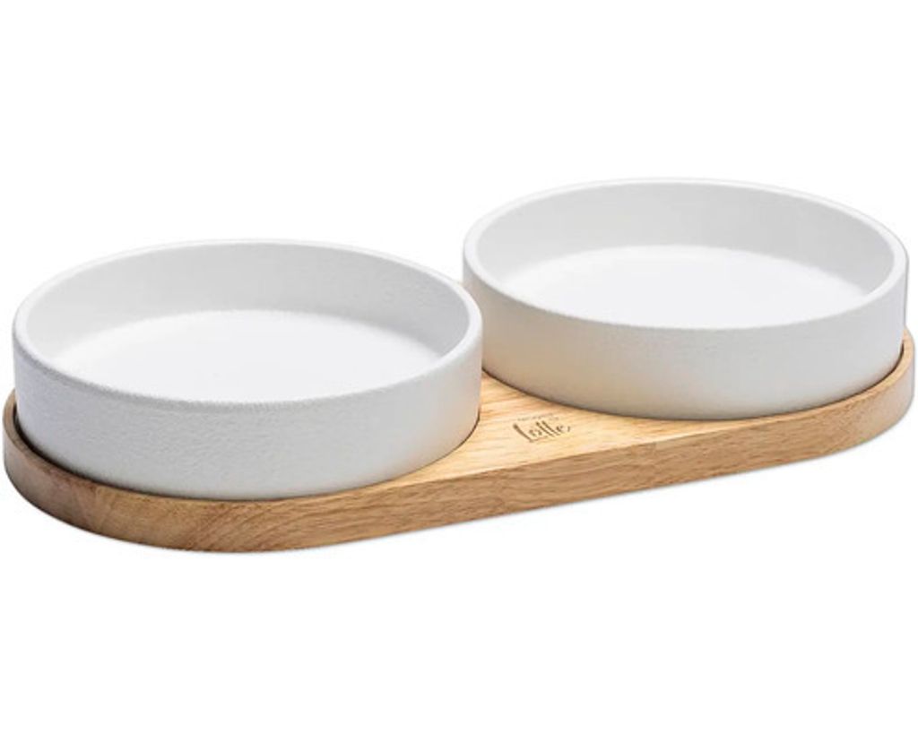 Doppelnapf Designed by Lotte Dinnerset Katze Lojs Holznapfständer ca. 34 x 17 x 5 cm mit 2 Keramiknäpfen, spülmaschinenf
