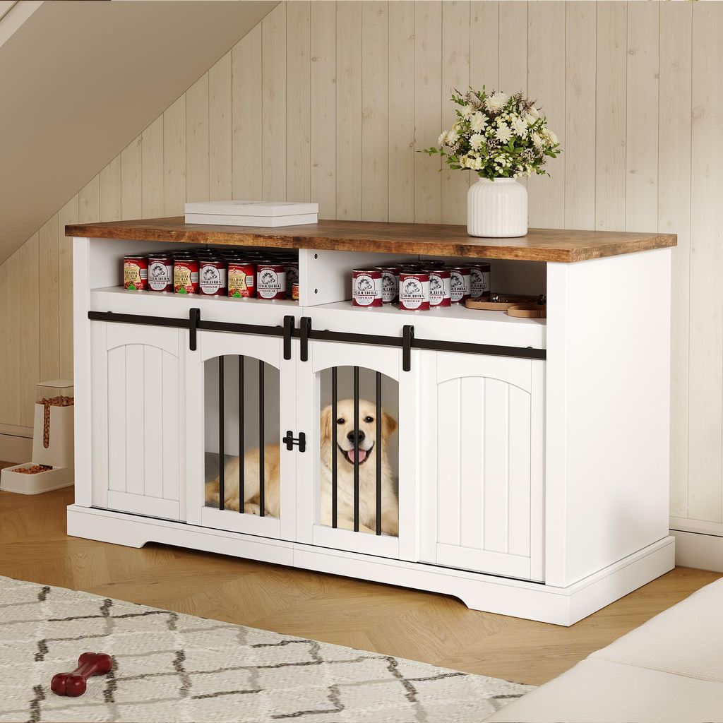 MODFU Hundekäfig mit Metall-Schiebetüren für 2 kleine,Hundehaus mit offene Ablagefläche,153 x 60 x 85 cm,Beistellschrank mit großen Tischplatt...