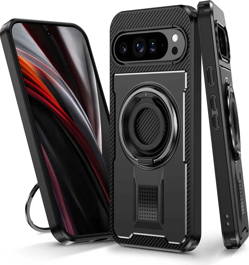 Cover Pixel 9 Pro XL Nera Ibrida TPU e Carbonio con Ring Holder