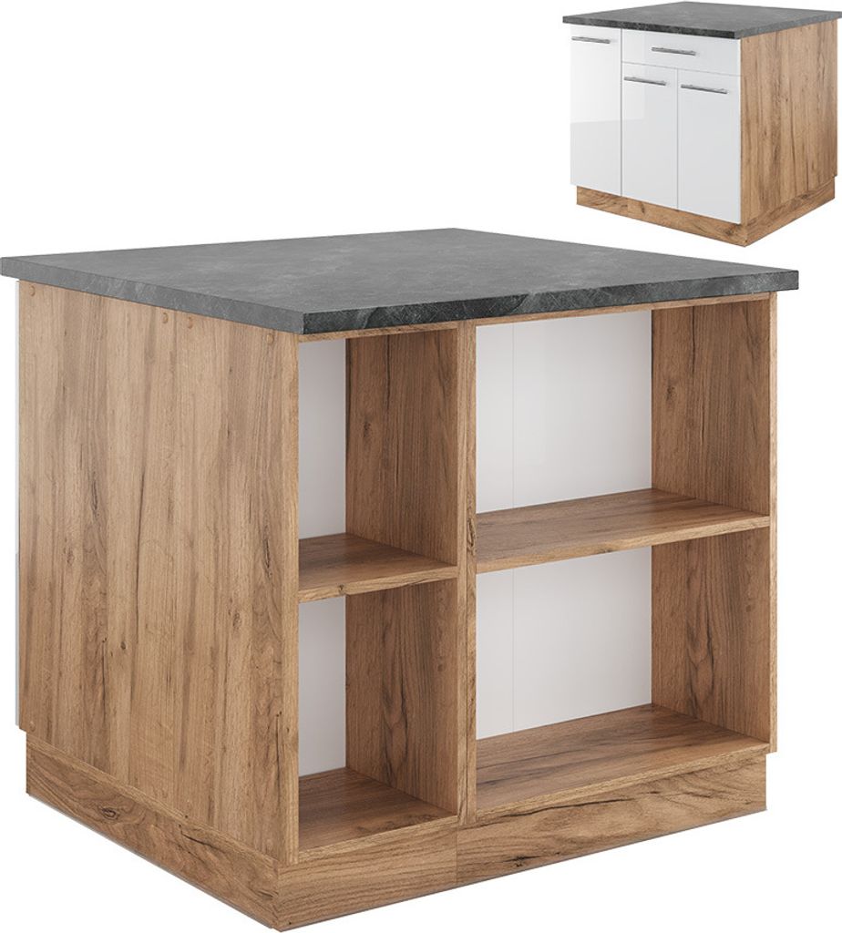 Kücheninsel Vicco Fame-Line Weiß Hochglanz/Goldkraft Eiche 90 cm mit Schublade, ohne Arbeitsplatte, Model 38717