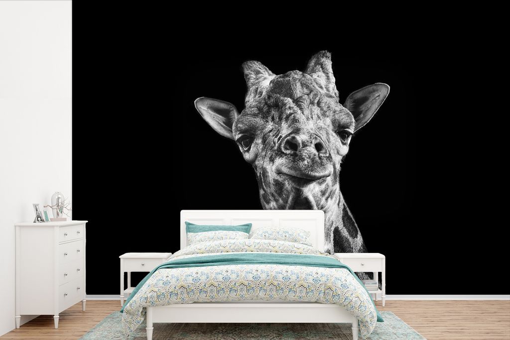 MuchoWow Fototapete für Wohnzimmer oder Schlafzimmer Wandtapete Vinyl Motivtapete Giraffe - Tier - Schwarz - Weiß - 525x350 cm - Das Hintergrun...