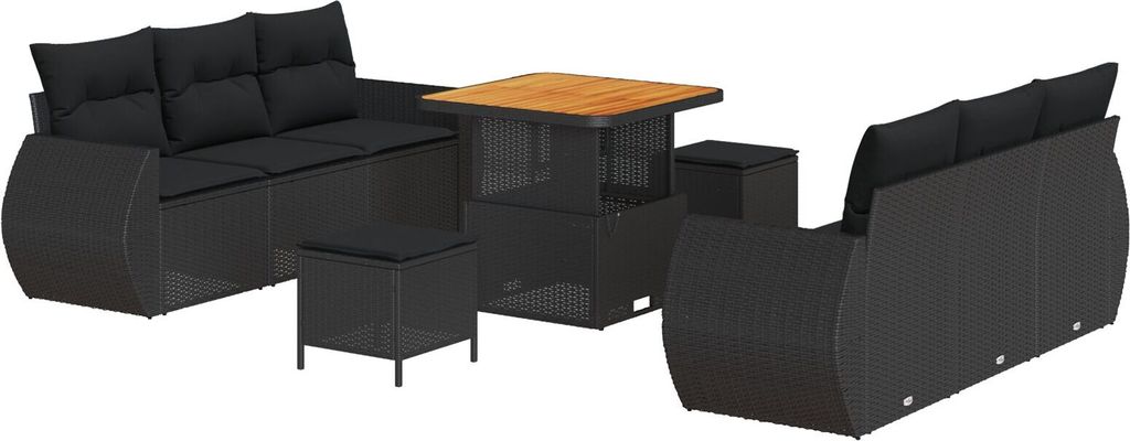 Möbel 9-teiliges Garten Sofa Set mit Kissen Schwarzes Poly Rattan Akazie, 3-teiliges Garten Ess Set mit Kissen Schwarzes Poly Rattan Akazie - Gart...