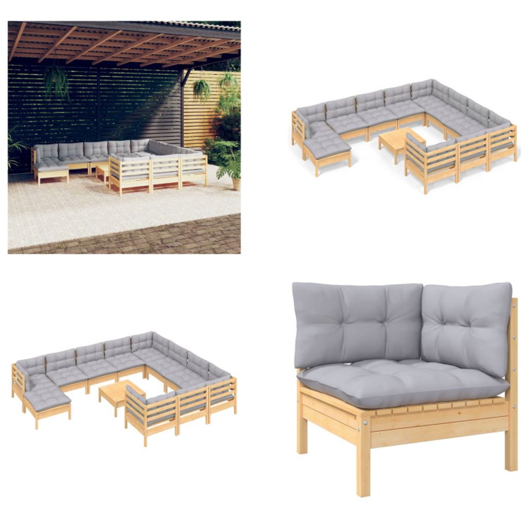 vidaXL 12 tlg. Garten Lounge Set mit Grauen Kissen Kiefernholz - Garten-Lounge-Set - Garten-Lounge-Sets - Gartenmöbel-Set - Gartenmöbel-Sets