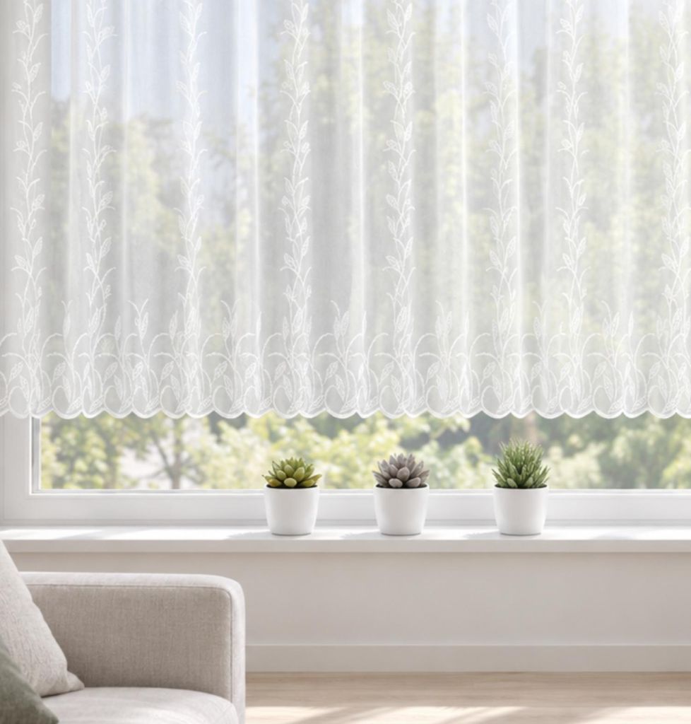 Jacquard Blumenfensterstore "Ranke" weiß mit Faltenband - Produktbild 