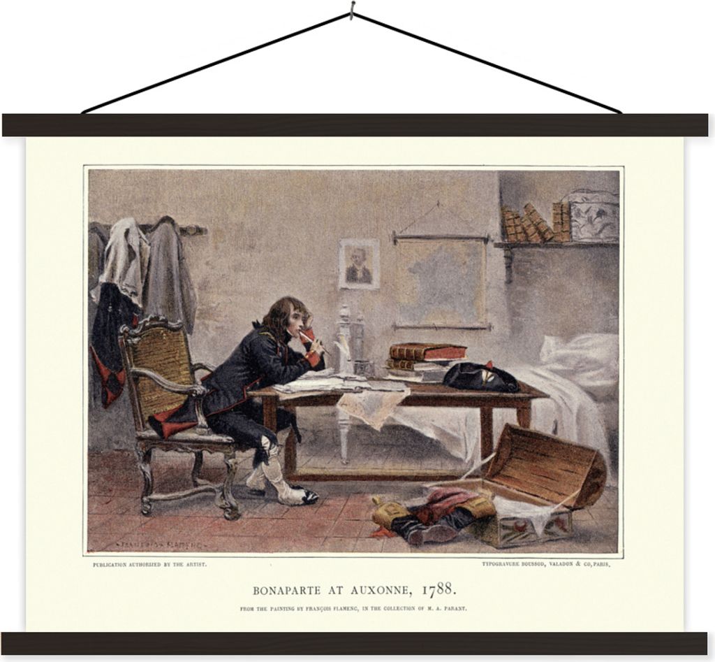 MuchoWow Textilposter Illustration von Napoleon Bonaparte an einem Tisch 120x90 cm mit schwarzem Rahmen - Aufhänger für Poster