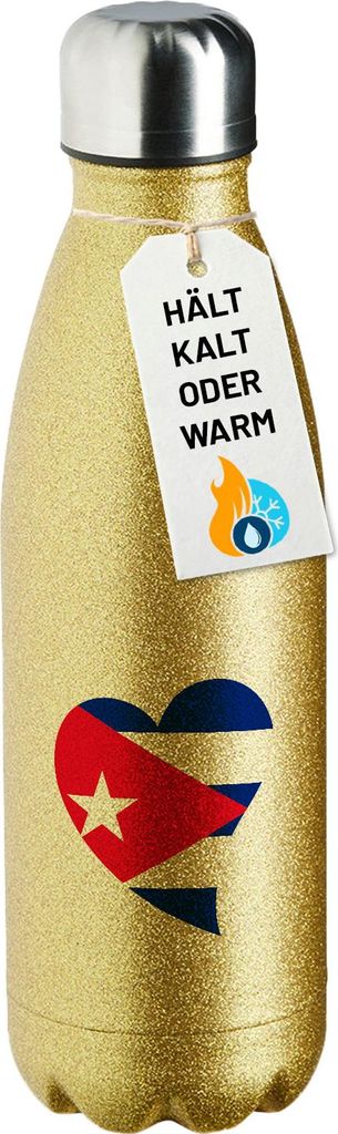 Huuraa Trinkflasche Kuba Flagge Herz 500ml Gold Edelstahl Wasserflasche Trinkflasche Geschenkidee
