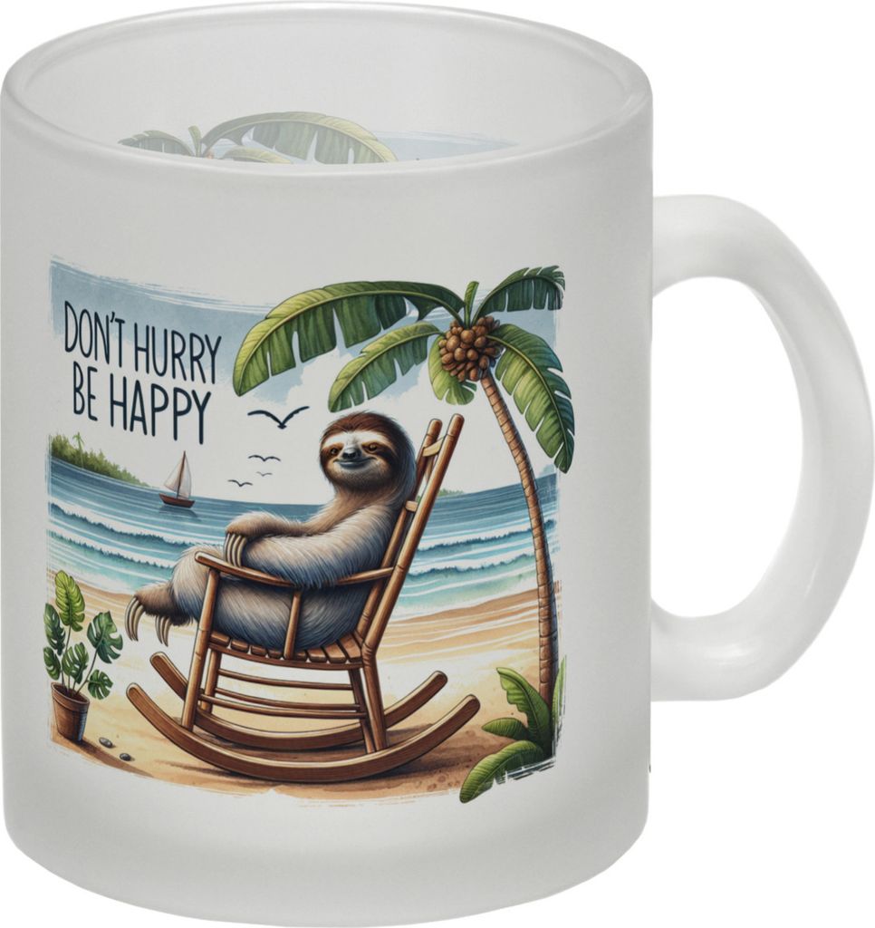 Faultier am Strand Glas Tasse mit Spruch Don't hurry - be Produktbild 
