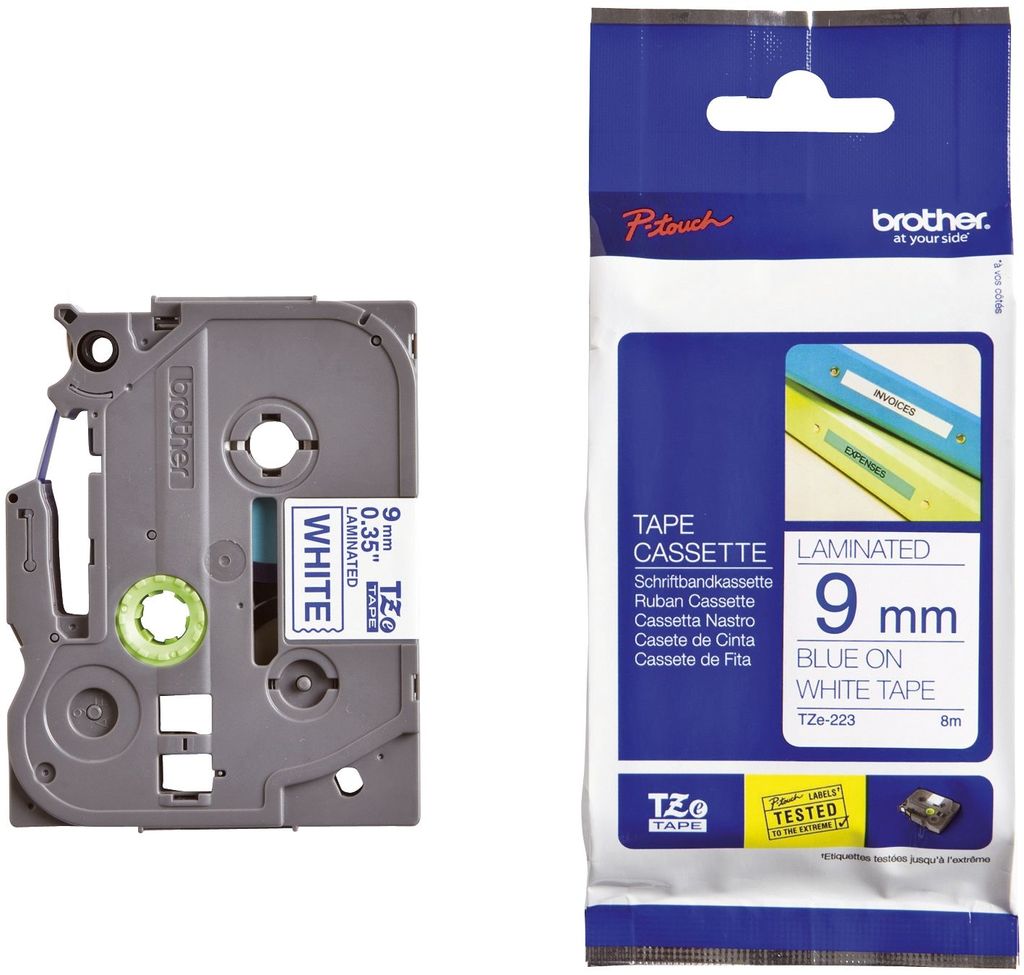 Brother TZe-223 - Labeltape Gelamineerd (9mm x 8m) / Wit op Blauw