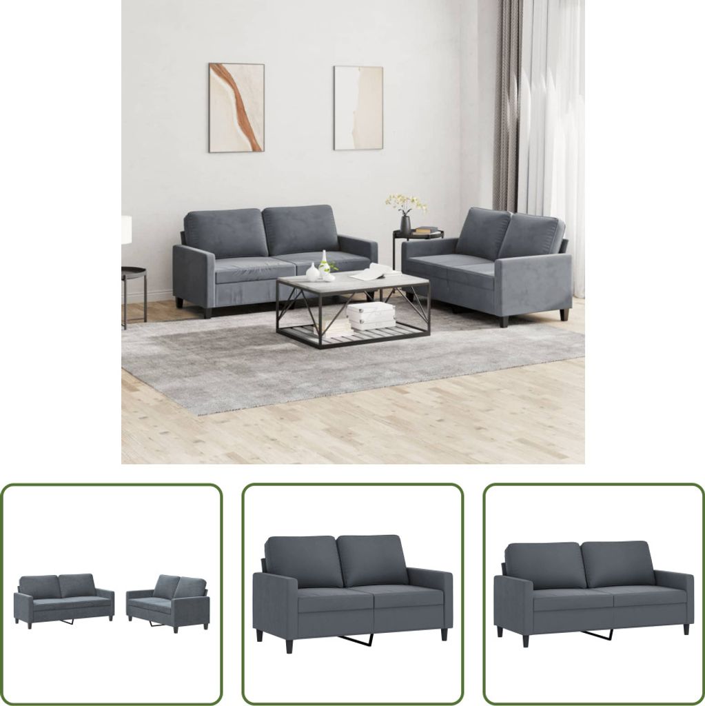 The Living Store 2-tlg. Sofagarnitur mit Kissen Dunkelgrau Samt