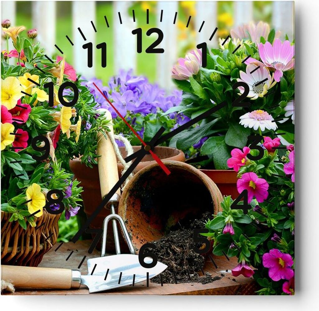 Wanduhr - Quadrat - Glasuhr - Pflanzen Garten Frühling Natur - 30x30cm - Schleichendes Uhrwerk - Lautlos - zum Aufhängen bereit - Dekoration Mode...