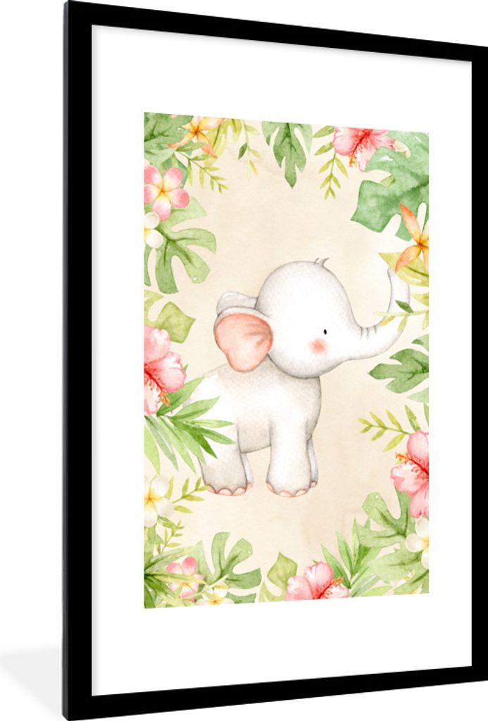 MuchoWow MuchoWow Gerahmtes Poster Elefant - Dschungel - Aquarell 60x90 cm - Poster mit zchwarzem Bilderrahmen - Dekoration - Wandposter Wohnzi...