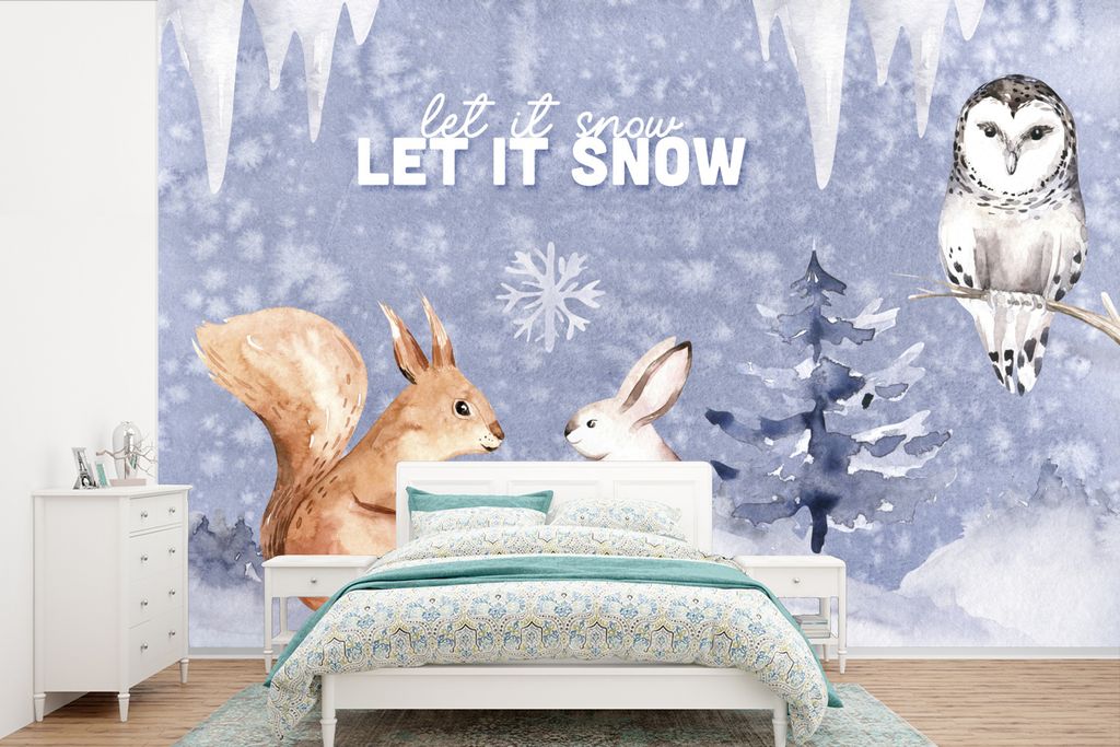 MuchoWow Fototapete für Wohnzimmer oder Schlafzimmer Wandtapete Vinyl Motivtapete Winter - Schnee - Eichhörnchen - 525x350 cm - Das Hintergrund...