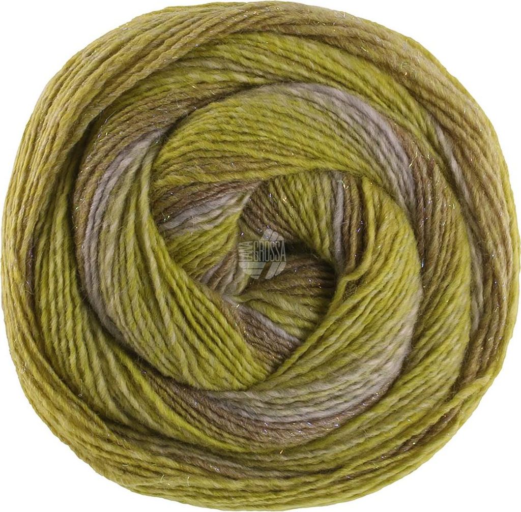 Lana Grossa GOMITOLO GALA 200 g Dochtgarn im Farbverlauf mit Lurex-Effekt 700 m Farbe 4034 - Lilagrau/Dunkel-/Helloliv/Limette