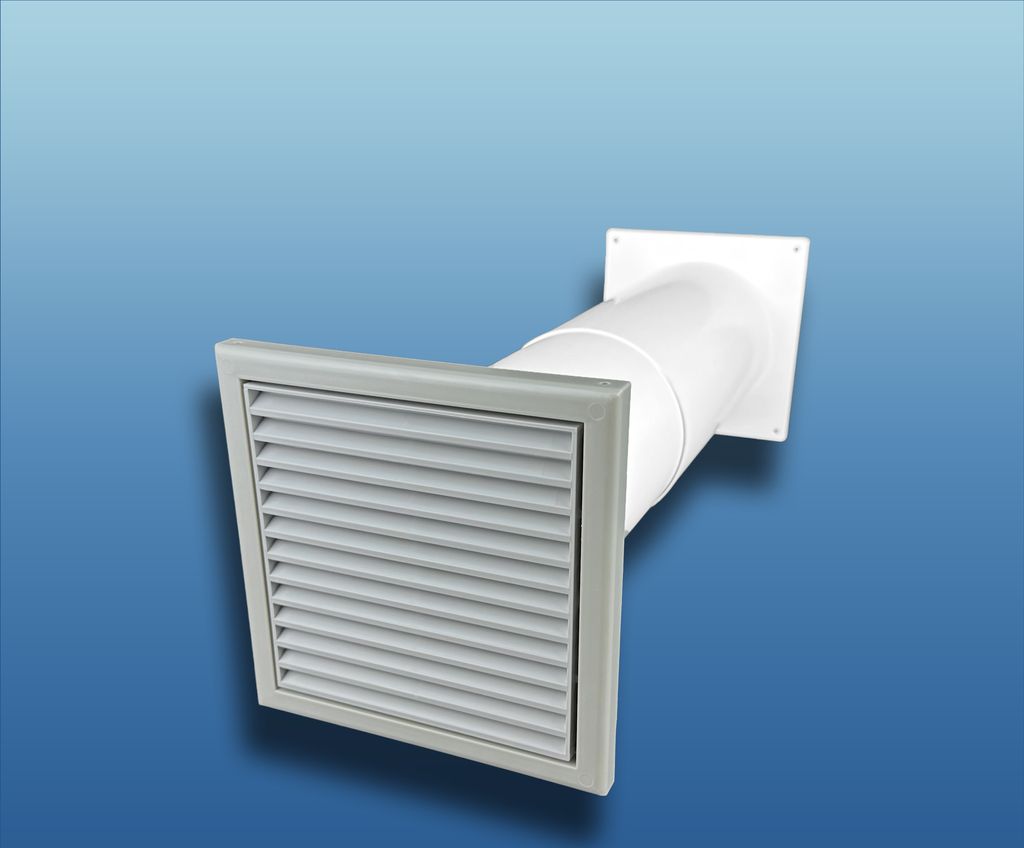 Abluft-Mauerkasten Standard : Größe: Ø150 250x250mm; Farbe: grau; Ausführung: mit Teleskoprohr