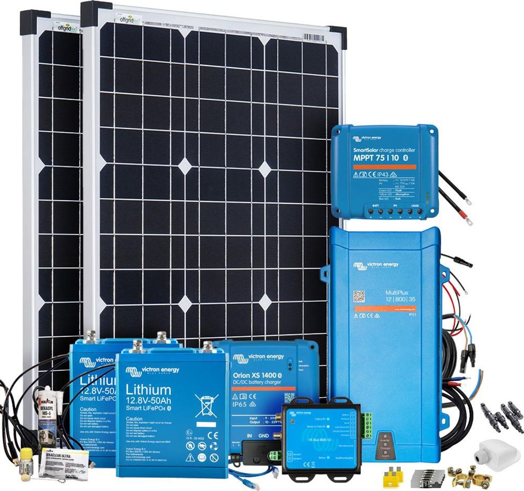 Offgridtec Mobil VeCore S 100W 1280Wh Wohnmobil Solaranlage inkl. MultiPlus12/800/35 Wechselrichter, Batterieladegrät und Laderegler - weiß