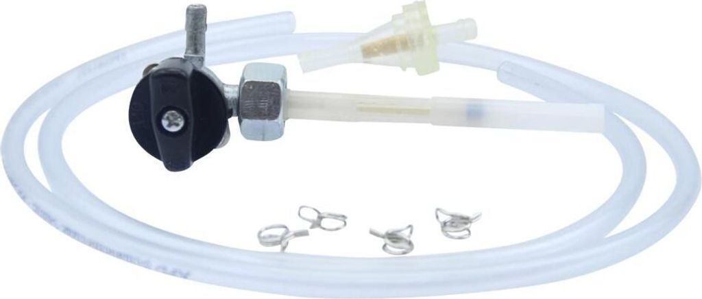 Benzinhahn Set, M14 x 1, Abgang links, ohne Wassersack, Kunststoff-Drehschalter + Filter, Schlauch und Klammern