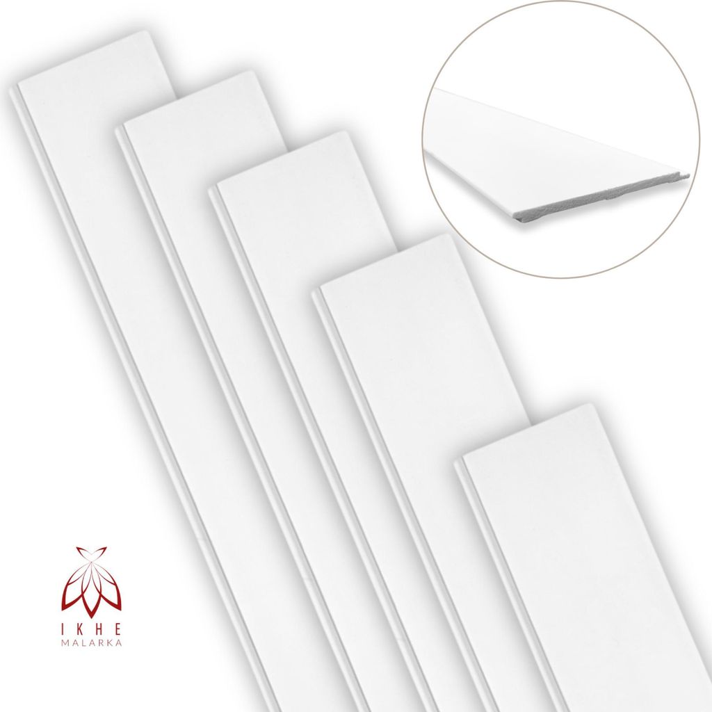 Several white wall panels are arranged diagonally on a white background, with a close-up inset showing the edge detail of one panel.