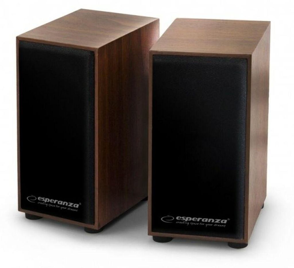 Two brown wooden speakers with black speaker grilles are shown against a white background.
