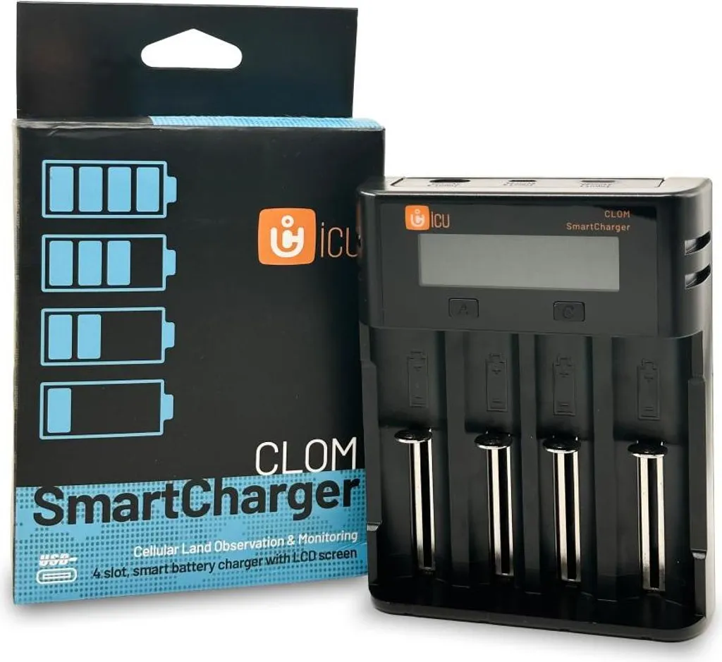 ICU CLOM SmartCharger, caricabatterie con schermo LCD - Carica 1-4 batterie Li-Ion 3,6 V/3,7 V e Ni-MH/Ni-CD 1,2 V, inclusi cavi USB-C e micro USB