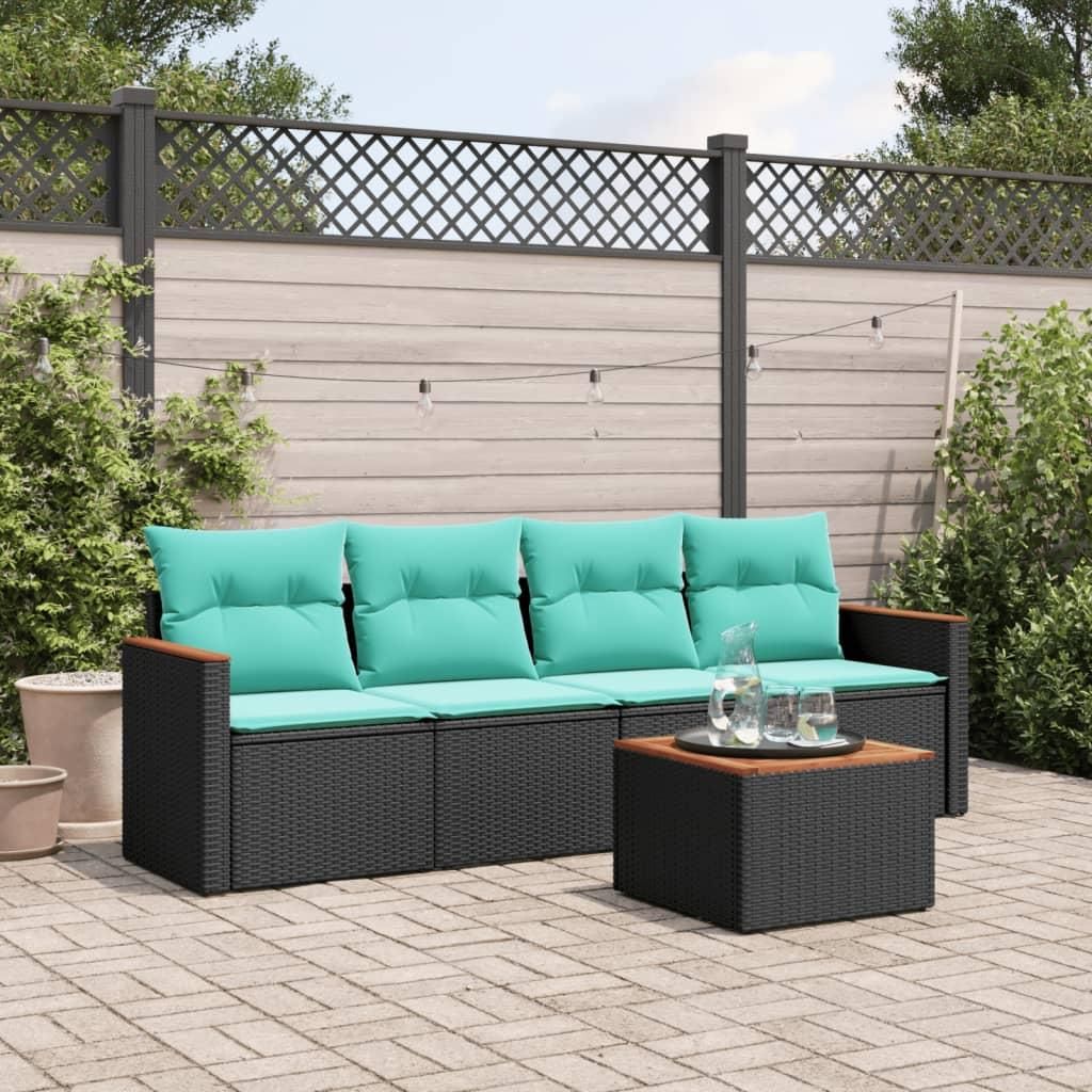 Möbel 5-teiliges Gartensofa-Set mit Kissen, schwarzes Polyrattan - Gartenmöbelgarnituren CC3978
