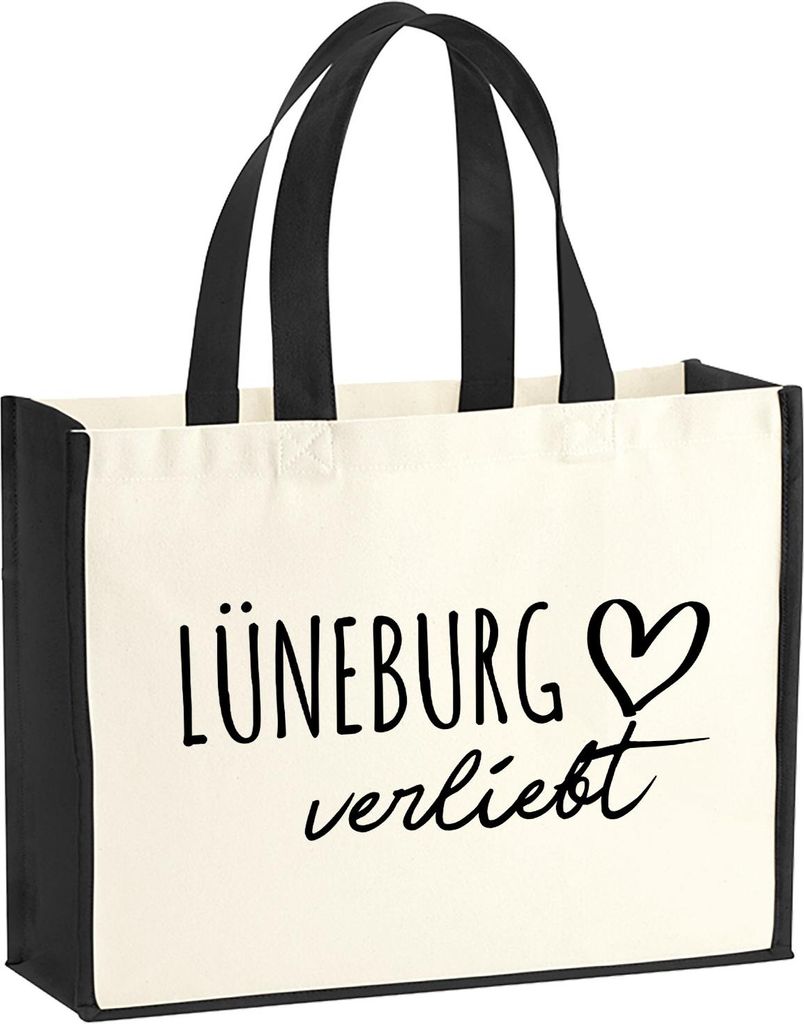 Huuraa Jutetasche Lüneburg verliebt 21 Liter Black Jute und Baumwolle Einkaufstasche Geschenkidee
