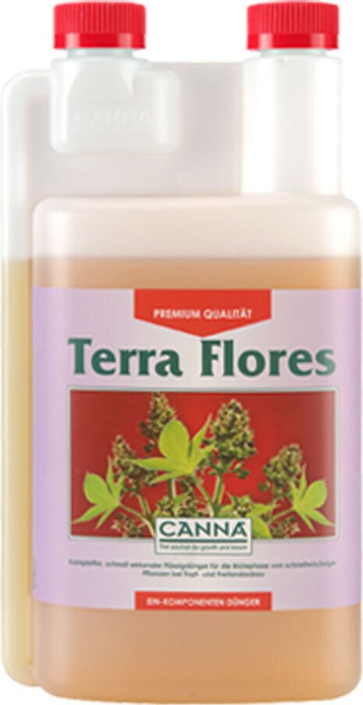 A product shot of a bottle of CANNA Terra Flores fertilizer.