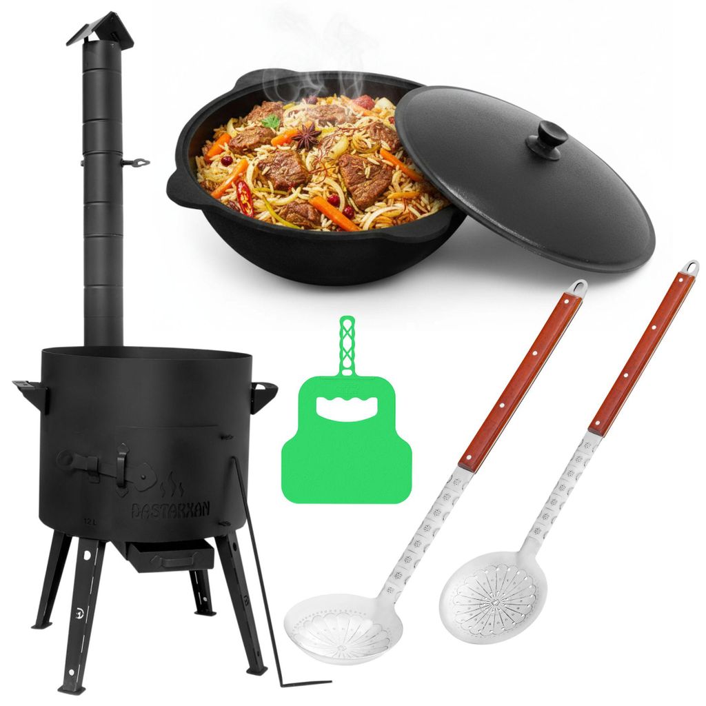 Ø44 Uchag 2mm Stahl mit Abzugsrohr 16L Kazan (Runder boden) WOK Utschak Feuerstelle Utschag Campingofen Kasan Feldküche Außenküche Eintopfofen ...