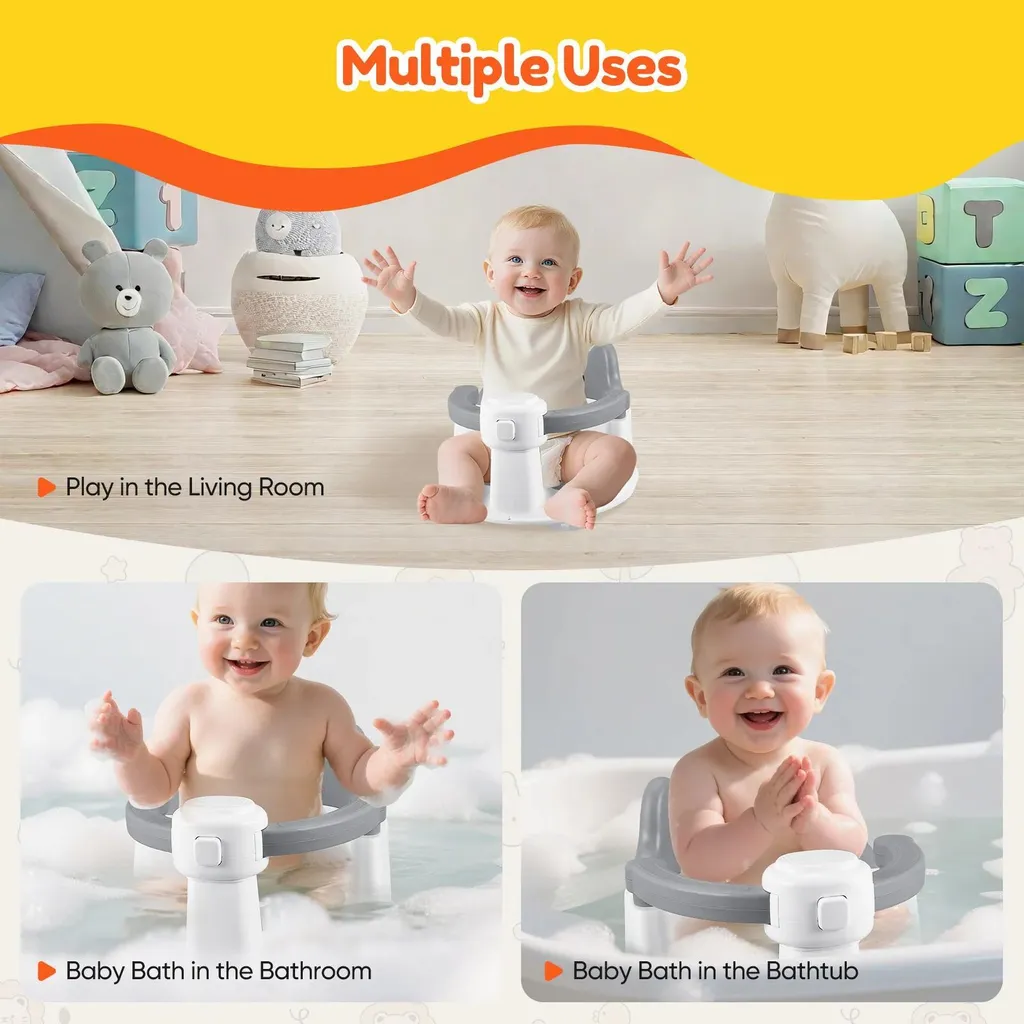 Siège de bain pour bébé assis gris support de baignoire sécurisé 6 à 24 mois