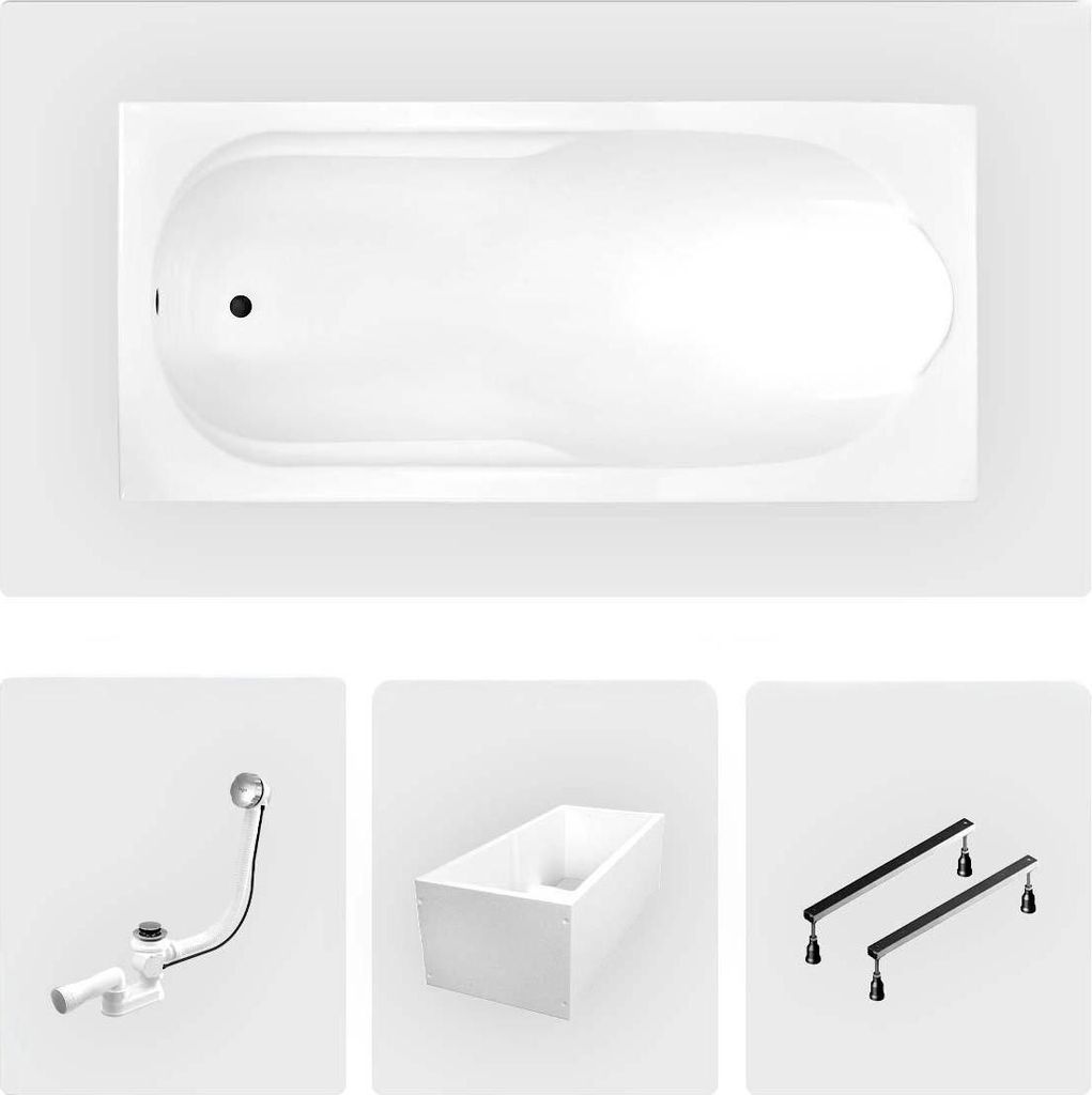 Rechteckige Badewanne - 190 x 80 cm - mit Polystyrol-Verkleidung - Füße - Chromablauf - BONA