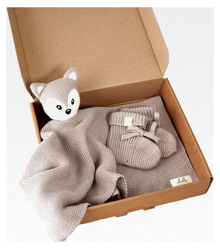 Kuscheltuch „Fuchs“ mit Söckchen - Reine Baumwolle – Schmusetuch, Kuscheldecke, Strickdecke - Samtweich & atmungsaktiv