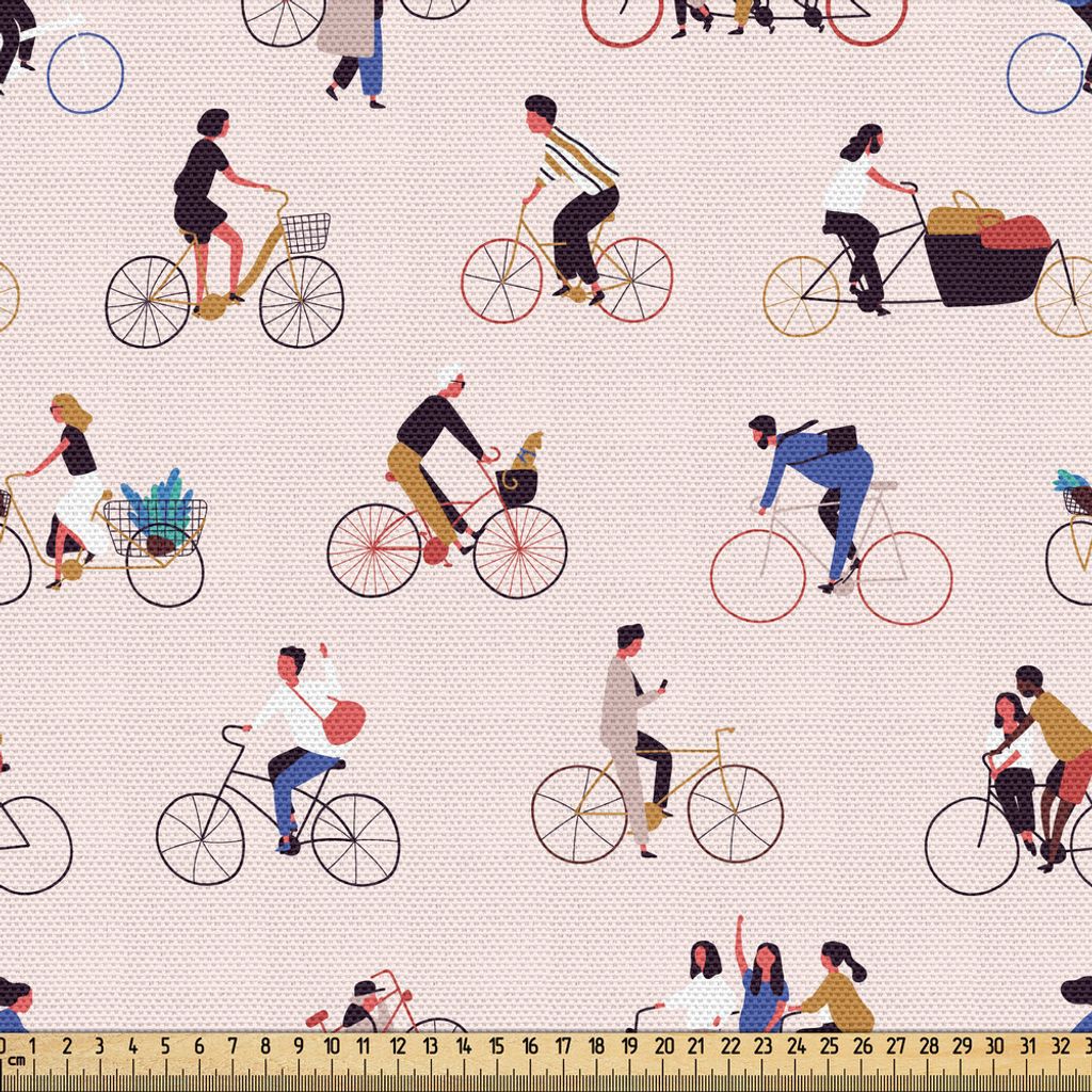 ABAKUHAUS Fahrrad Gewebe als Meterware, Männer und Frauen Menschen Reiten Fahrräder Wiederholung am Pastell getönten Hintergrund, 2 M (148 x 200...