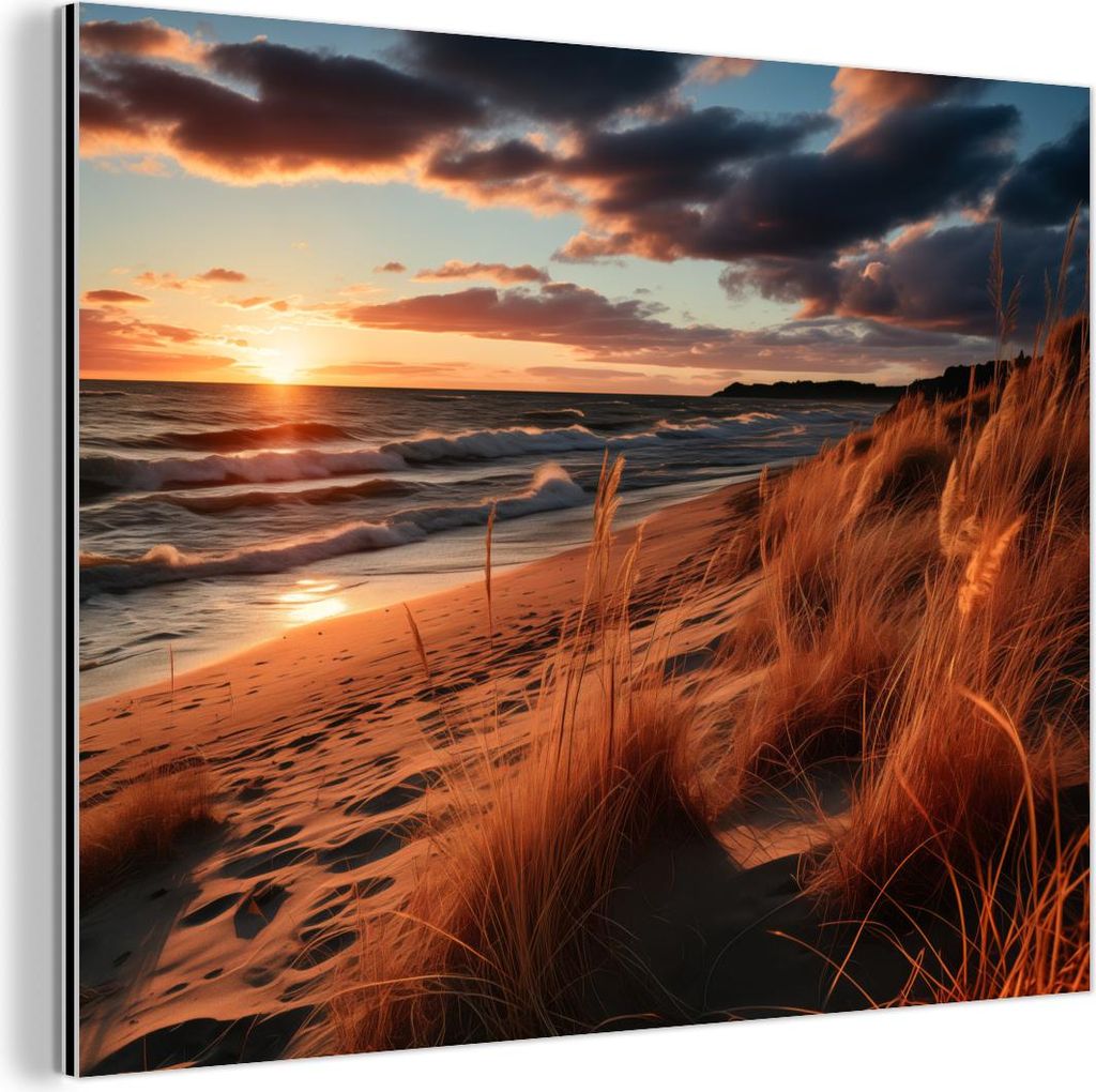 MuchoWow Wanddekoration Metall Metallbild Wandkunst 80x60 cm Strand - Sonnenuntergang - Dünen - Meer - Hochgras MuchoWow Aluminium Gemälde - Alubild