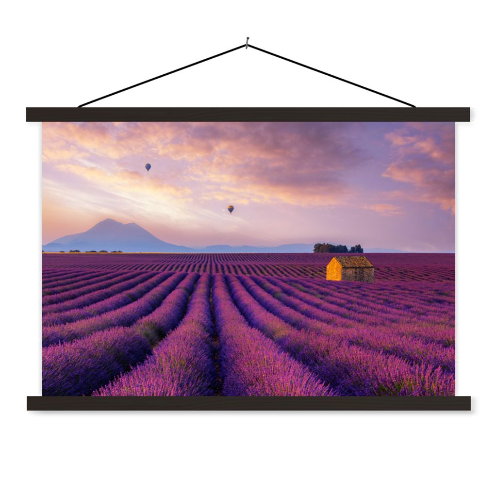 MuchoWow Textilposter Lavendel - Heißluftballon - Berg - Lila 120x80 cm mit schwarzem Rahmen - Wanddeko