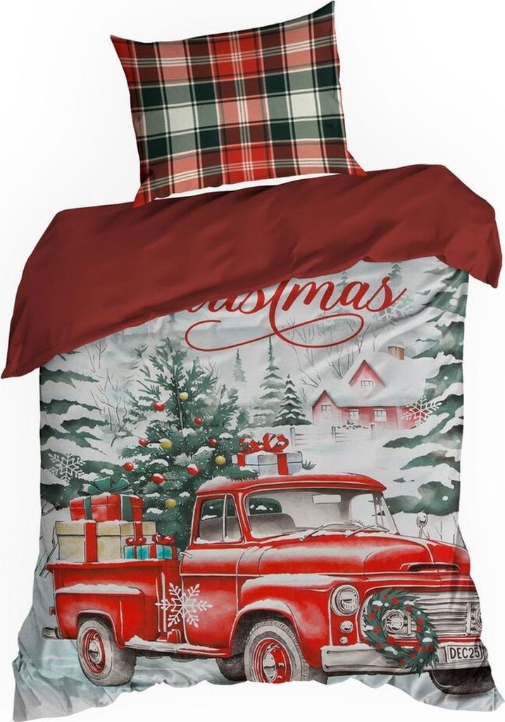 EUROFIRANY | Weihnachtsbettwäsche - Bettgarnitur - 140 X 200 cm - rot grün - Baumwolle - Weihnachtsmotiv - Bettbezug und Kissenbezug