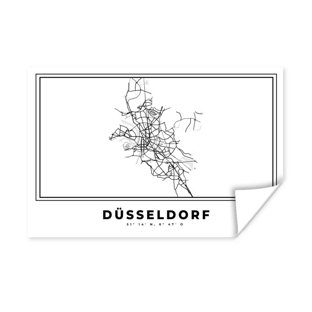MuchoWow Poster Stadtplan - Schwarz-weiß - Karte - Düsseldorf - Deutschland 90x60 cm - Schlafzimmer