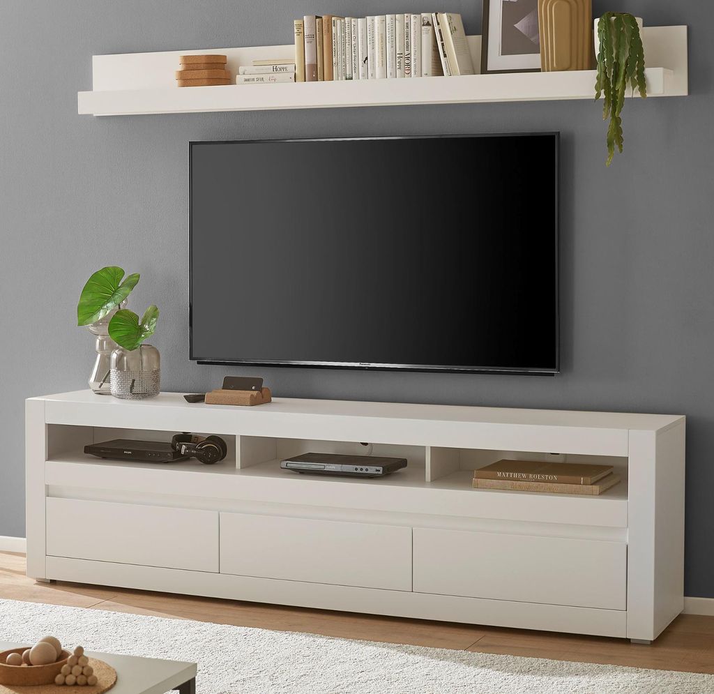TV-Lowboard und Wandboard "Derby" in weiß matt und Evoke Eiche, Set 2-teilig 217 cm, Soft-Close-Funktion