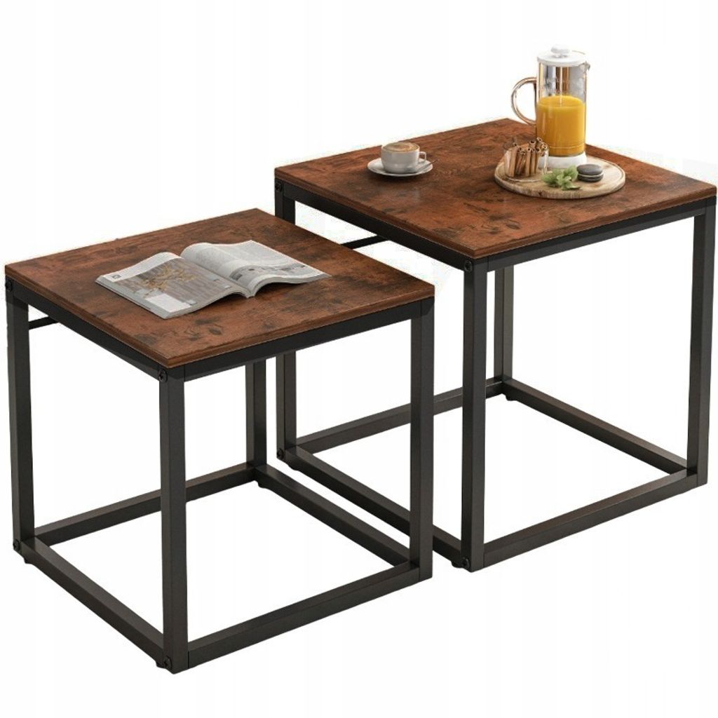 Two nesting coffee tables with a rustic brown top and black metal legs, set against a white background.