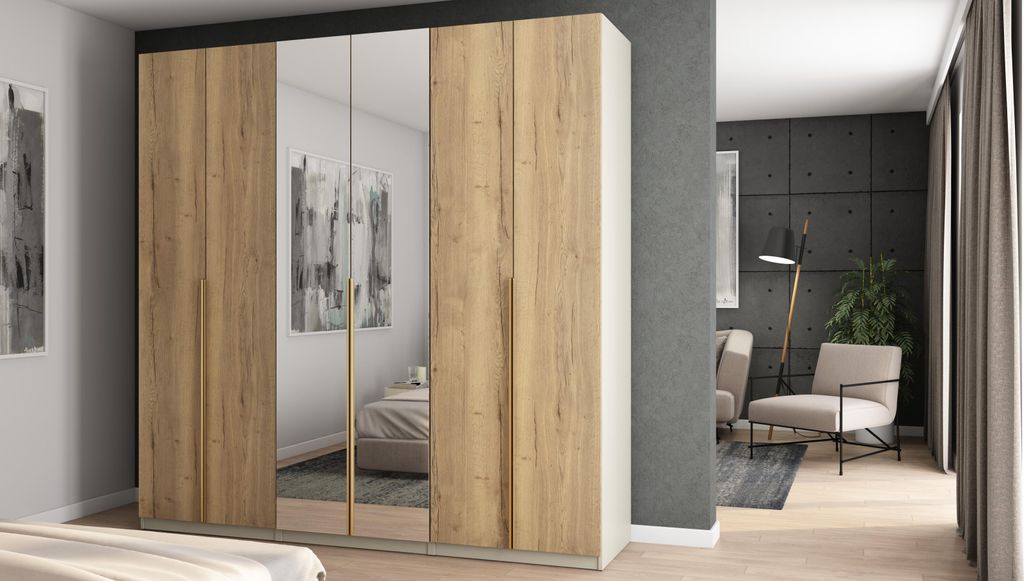Kleiderschrank 240x240 cm in Kaschmir Beige/Eiche Halifax mit 2 Spiegeln und Goldbeschlägen