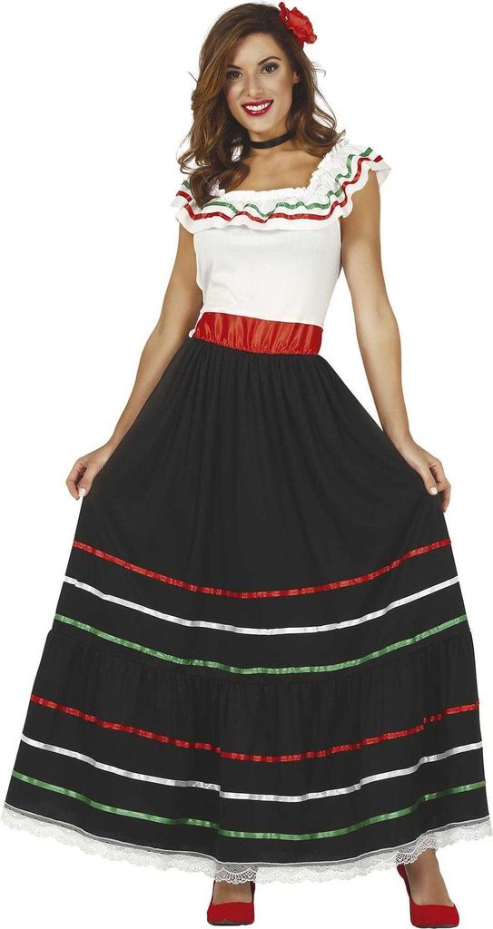 Fiestas Guirca - Mexikanisch-Kostüm-Kleid für Damen FG889 (M) (Schwarz/Grün/Rot)