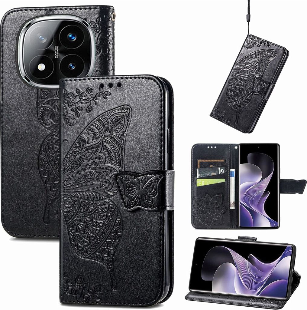 Für Xiaomi Redmi Note 14 Pro 5G Kunstleder Wallet Handy Tasche Schmetterling Design Hülle Etuis Schwarz