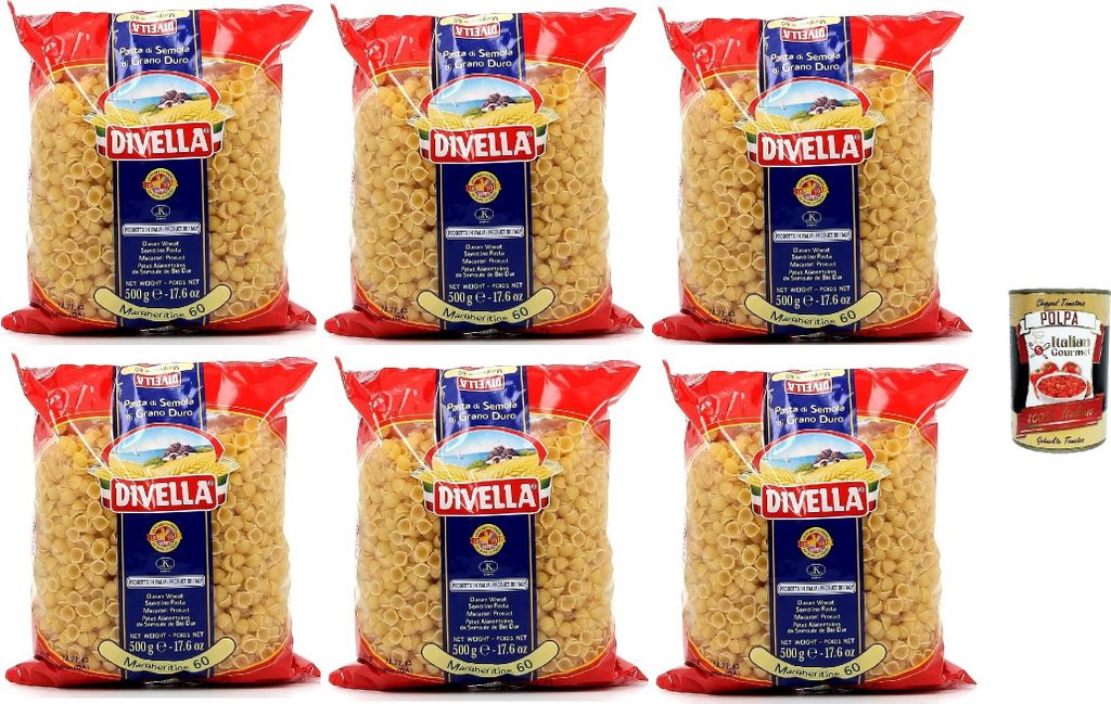 Divella Pasta 100% Italienisch Margheritine 60, Nudeln aus Hartweizengrieß, Kochen 7 Minuten 6x 500g + Italian Gourmet polpa 400g