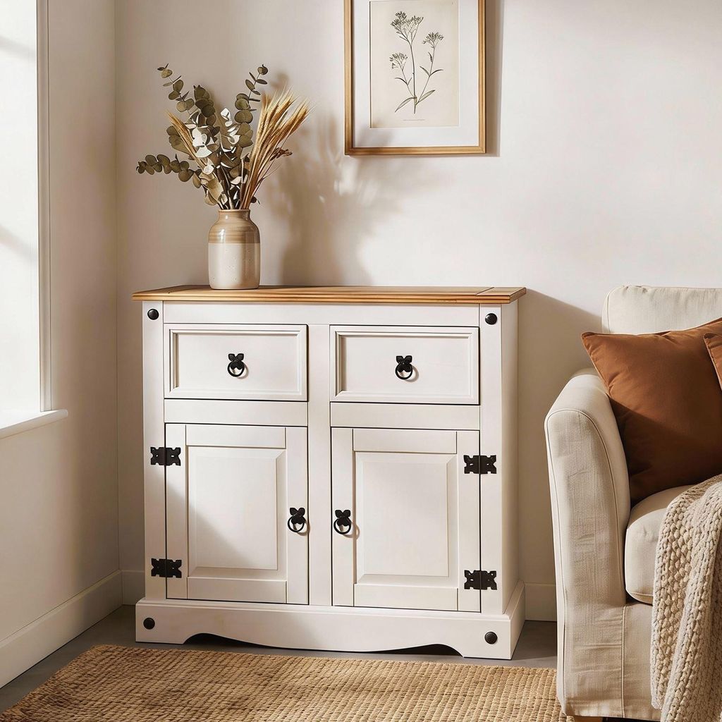 Kommode CAMPO Sideboard Buffetschrank Geschirrschrank Kiefer massiv mit 2 Schubladen und 2 Türen, braun/weiß