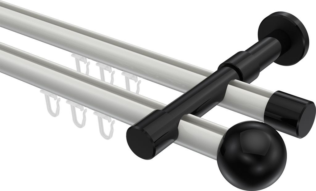 Interdeco Innenlaufstange / Gardinenstange mit Innenlauf Weiß / Schwarz, Typ Prestige Luino (Kugel), 20 mm Ø 2-läufig, 400 cm